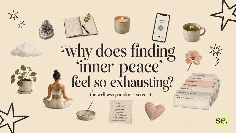 Beige minimalist illustration with wellness items surrounding text about why finding inner peace feels exhausting