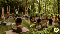 Group of women practicing yoga and meditation outdoors wearing earth-toned athletic wear for daily calm grounding techniques