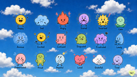 A deep blue sky with fluffy white clouds, showing cute hand-drawn characters labeled Happy, Sad, Angry, Scared, Surprised, Calm, Anxious, Excited, Confused, Disgusted, Frustrated, Lonely, Embarrassed, Proud, Hopeful, Loved, Grateful, and Tired.