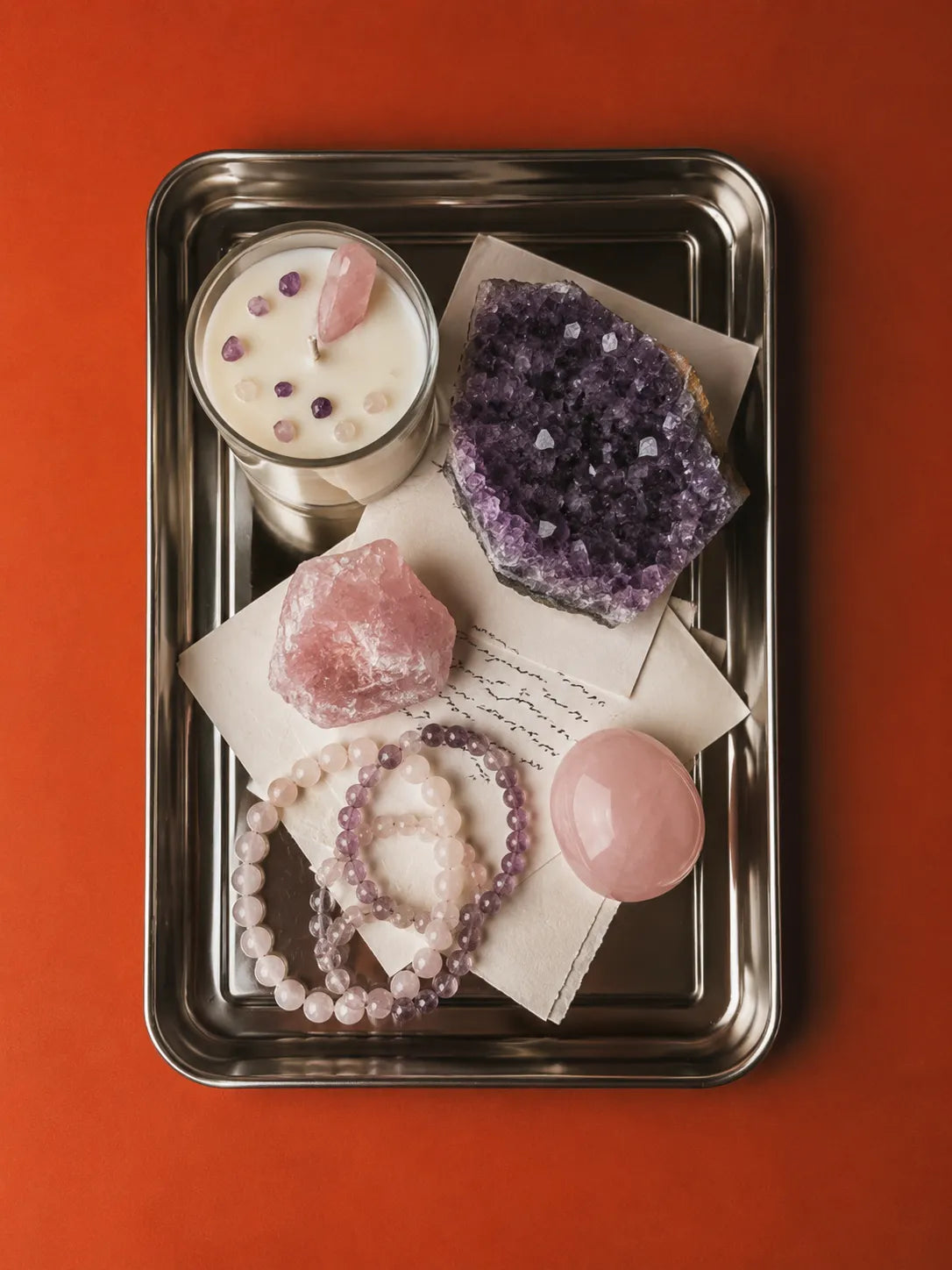 Crystals collection: polished raw amethyst, rose quartz, quartz points, geodes