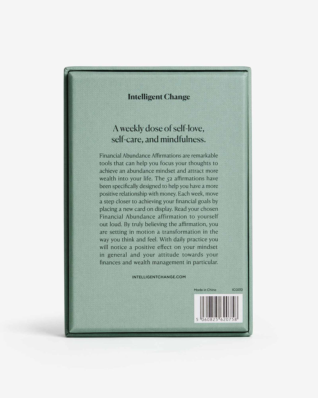 Back of the affirmation card box showing product information and barcode.