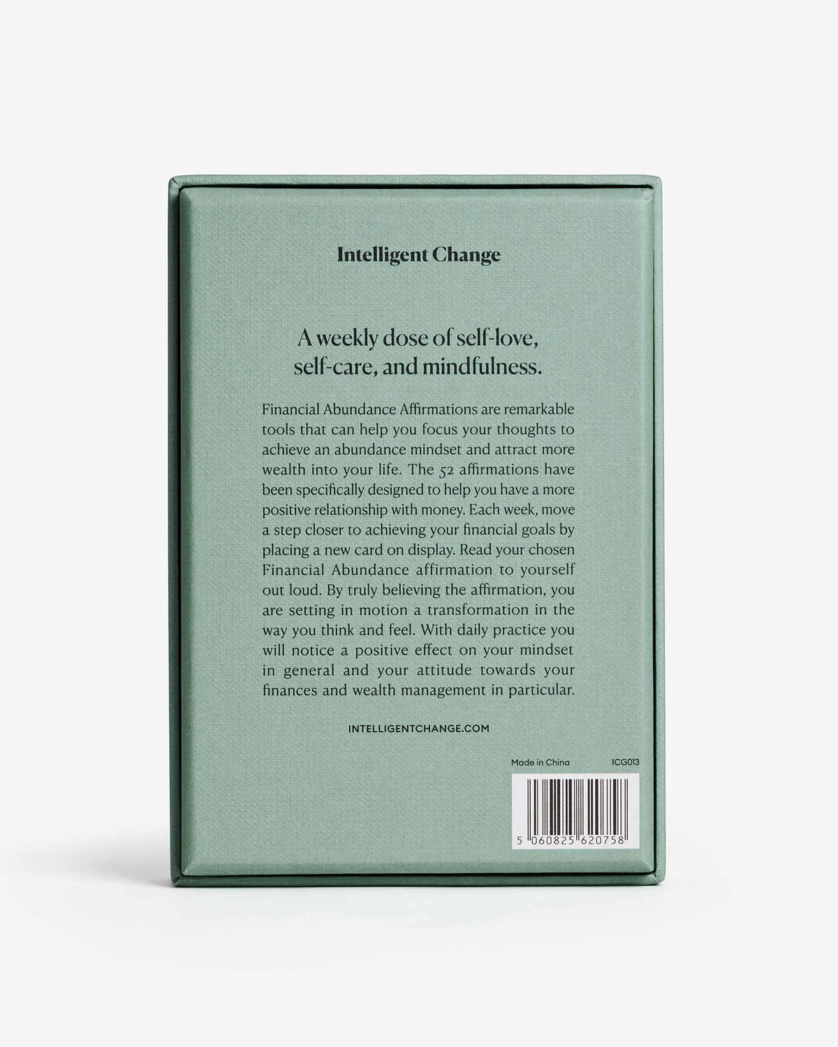 Back of the affirmation card box showing product information and barcode.