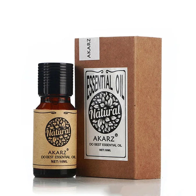 AKARZ Aromatherapy Massage Essential Oil, a brown glass bottle with a dropper, perfect for skin care and self-care.