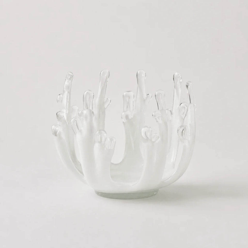 StillAura glass lotus candle holder; an elegant clear glass candlestick home fragrance accessory.