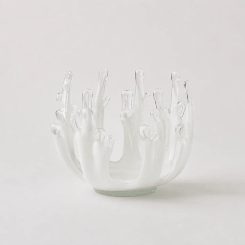 StillAura glass lotus candle holder; an elegant clear glass candlestick home fragrance accessory.