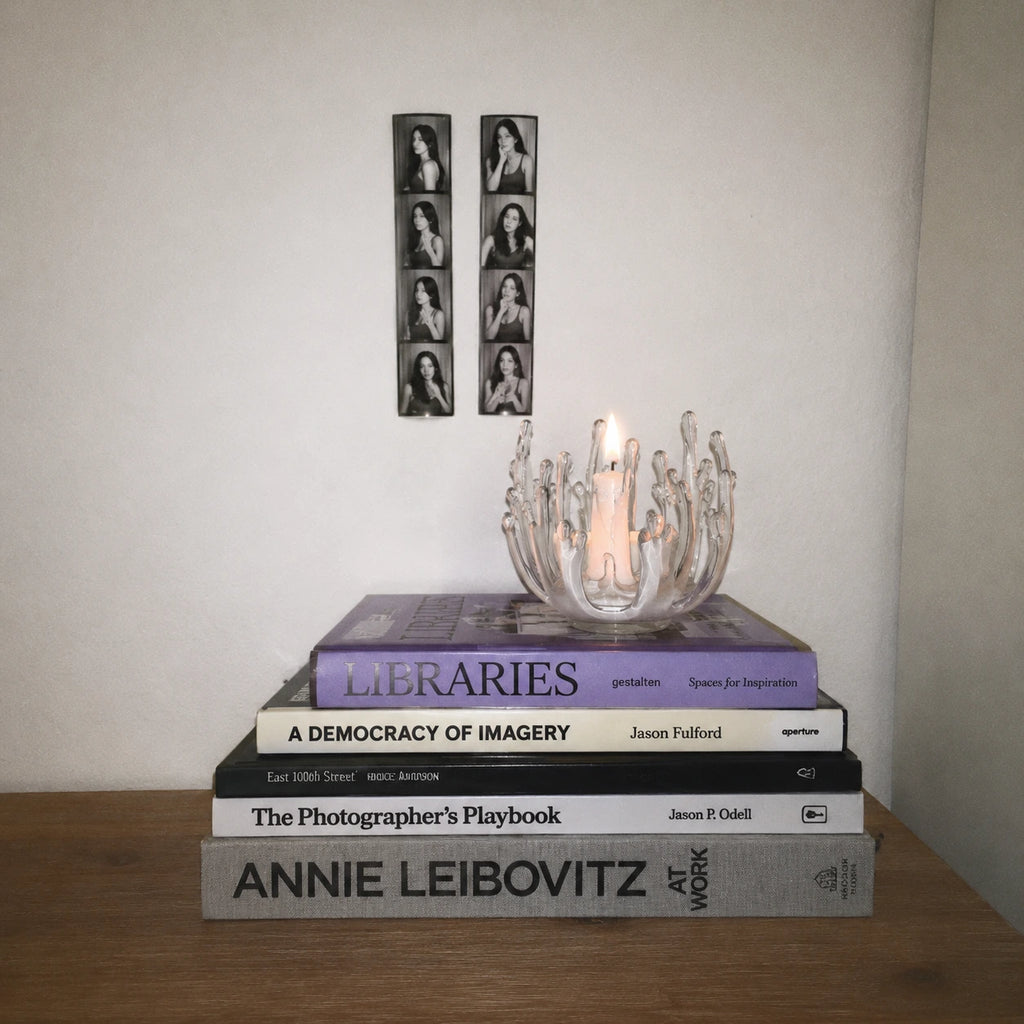 StillAura glass lotus candle holder; elegant home fragrance accessory, perfect for candles.