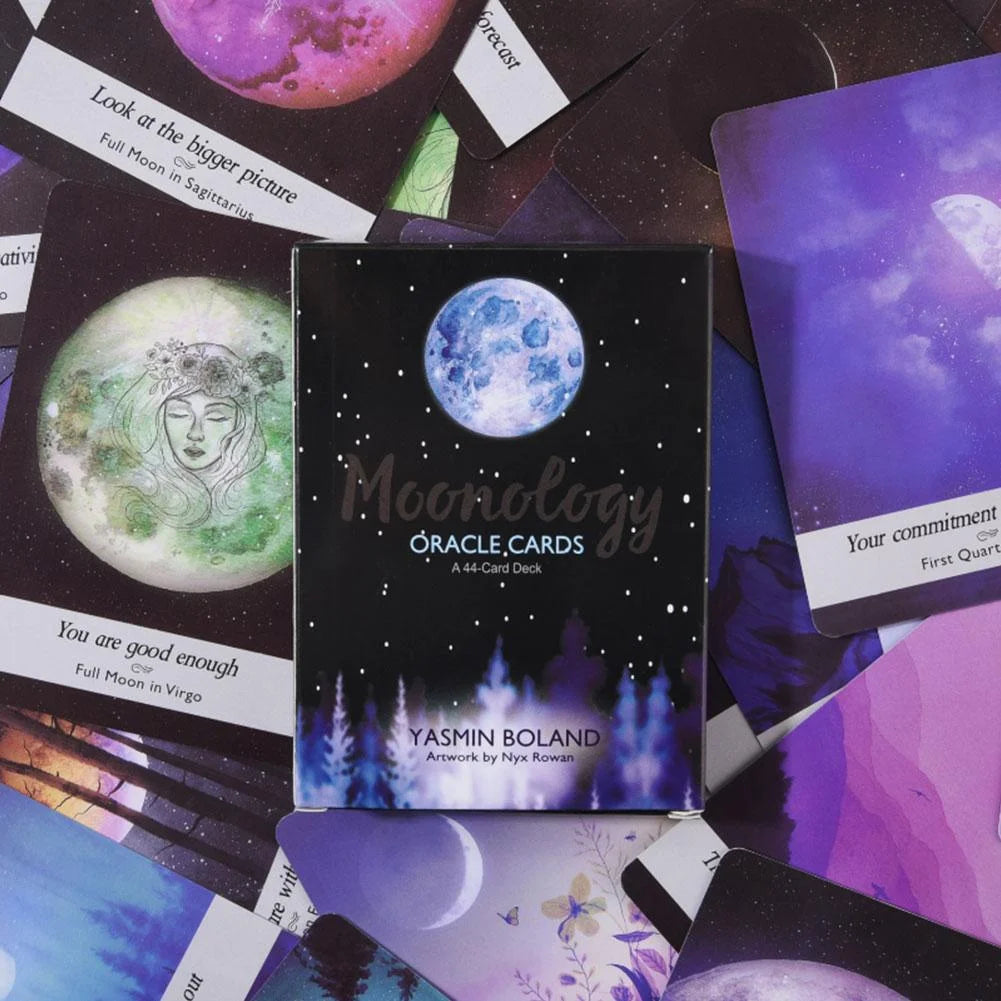 Moonveil Moon Phase Oracle Cards, 44-card English oracle deck for divination, showing celestial illustrations.