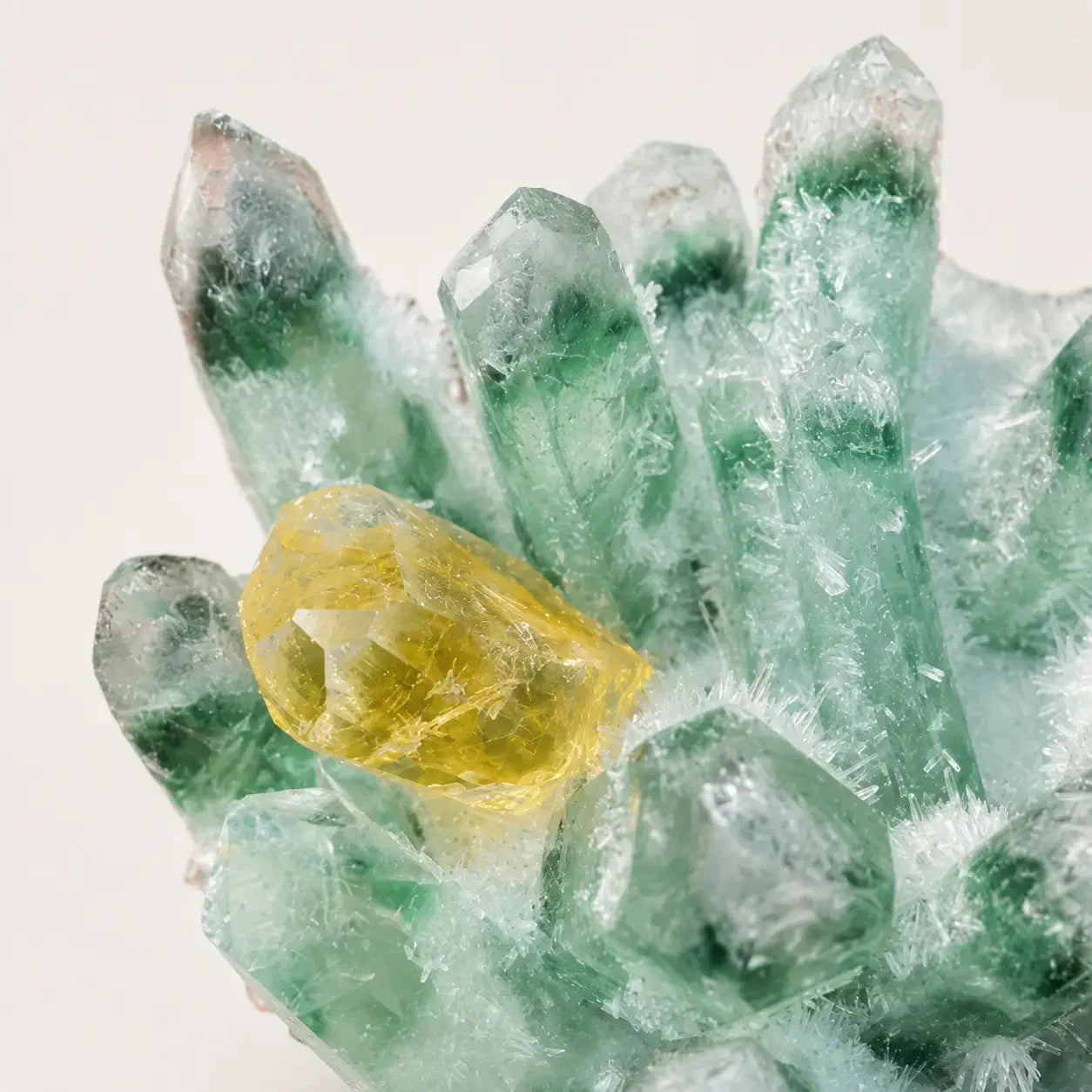 LumaStone polished green ghost crystal cluster, a natural energy stone and geometric decor ornament.