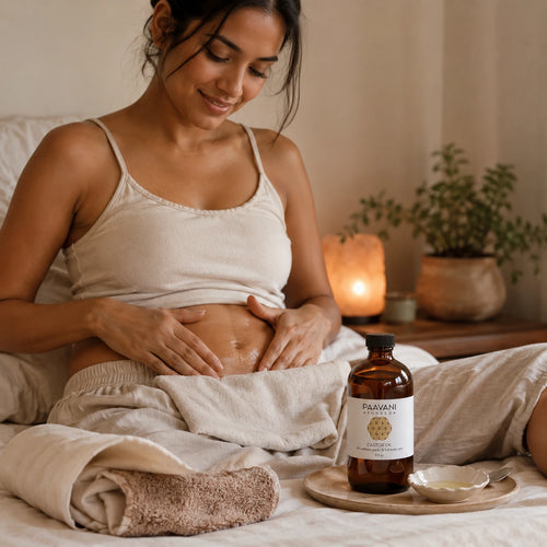 Paavani Ayurveda Castor Oil close up of texture and bottle