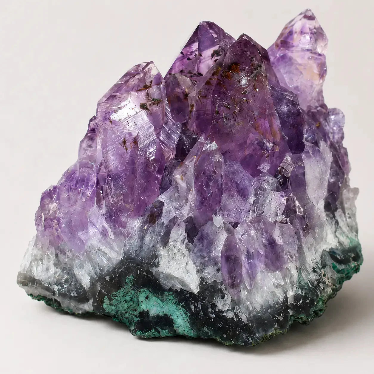 LumaStone Amethyst Raw Crystal Cluster showing vibrant purple points with natural green and white matrix.