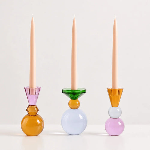 StillAura crystal multicolored candle holders, European block cup candle decor on white surface.