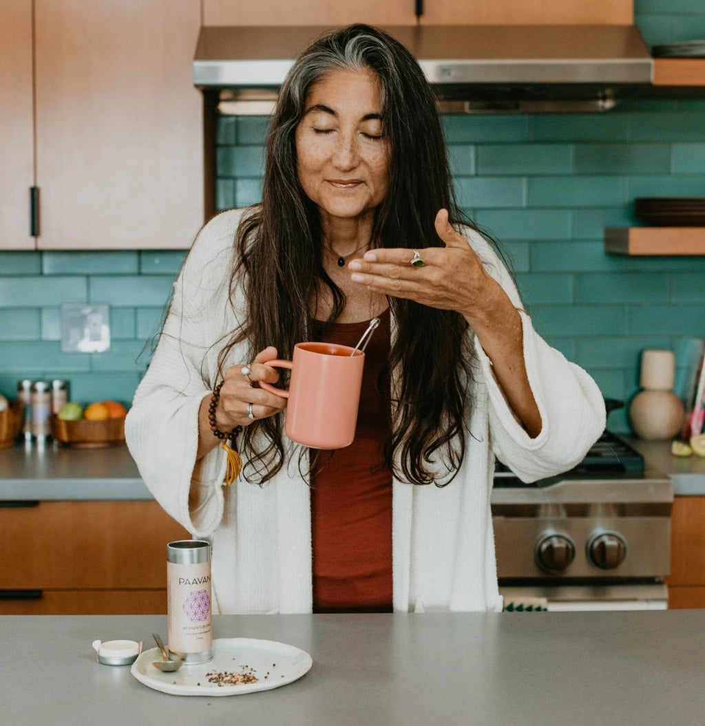 Paavani Ayurveda Women’s Blend tea in a drinking scene
