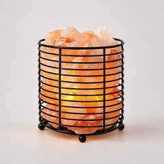 LumaStone Himalayan salt lamp in an iron art cylinder, a cylindrical crystal lamp holder for home decor.