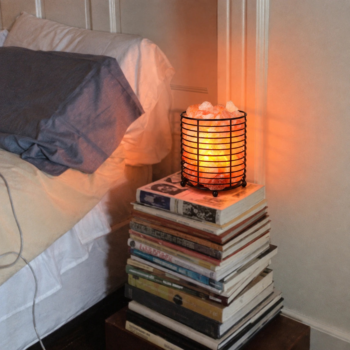 LumaStone Himalayan salt lamp in an iron cylinder, a unique cylindrical crystal lamp holder for home decor.