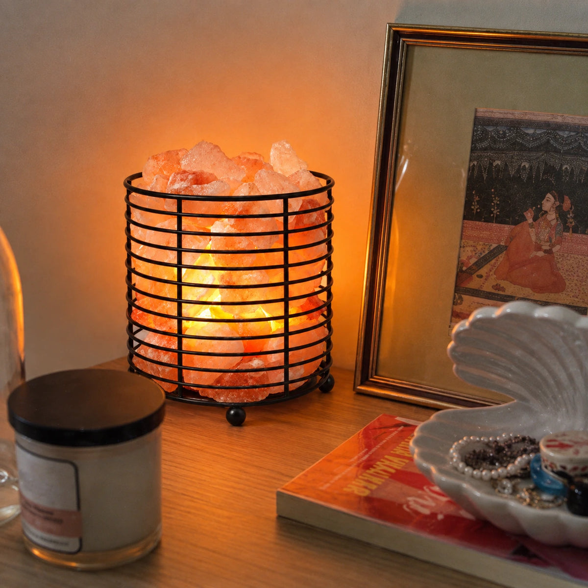 LumaStone Himalayan salt lamp with iron art cylinder holder, a natural crystal lamp for home decor.