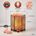 LumaStone Himalayan salt lamp with iron art cylinder, a unique cylindrical crystal lamp for home decor.