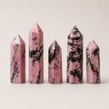 LumaStone Natural Rose Crystal Rhodolite, a set of five pink crystal towers with black inclusions, for geometric deco...