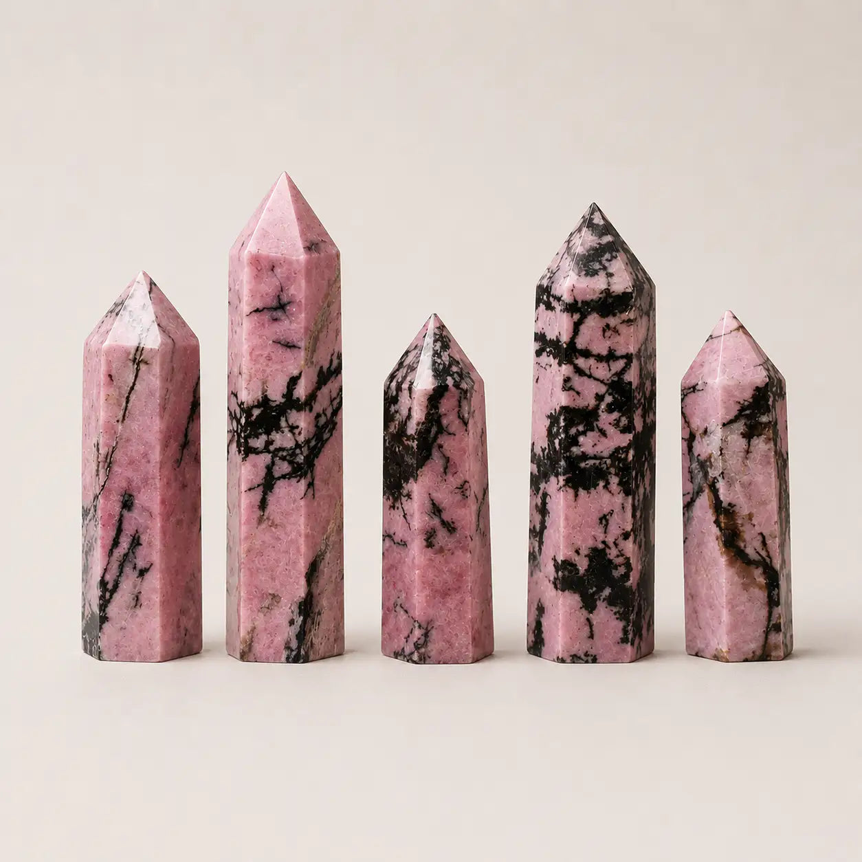 LumaStone Natural Rose Crystal Rhodolite, a set of five pink crystal towers with black inclusions, for geometric deco...