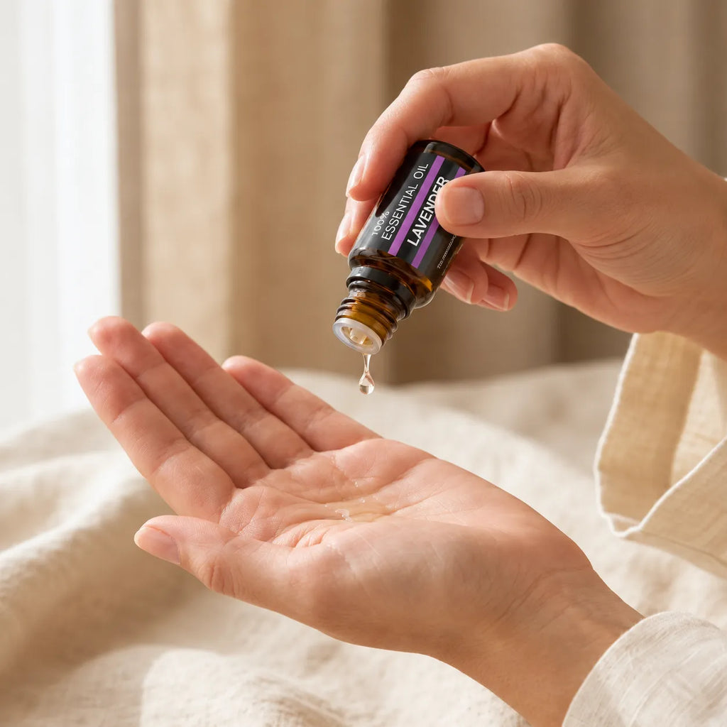 Lavender essential oil being poured into the palm