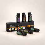Six StillAura aromatherapy oil bottles arranged around their presentation box.