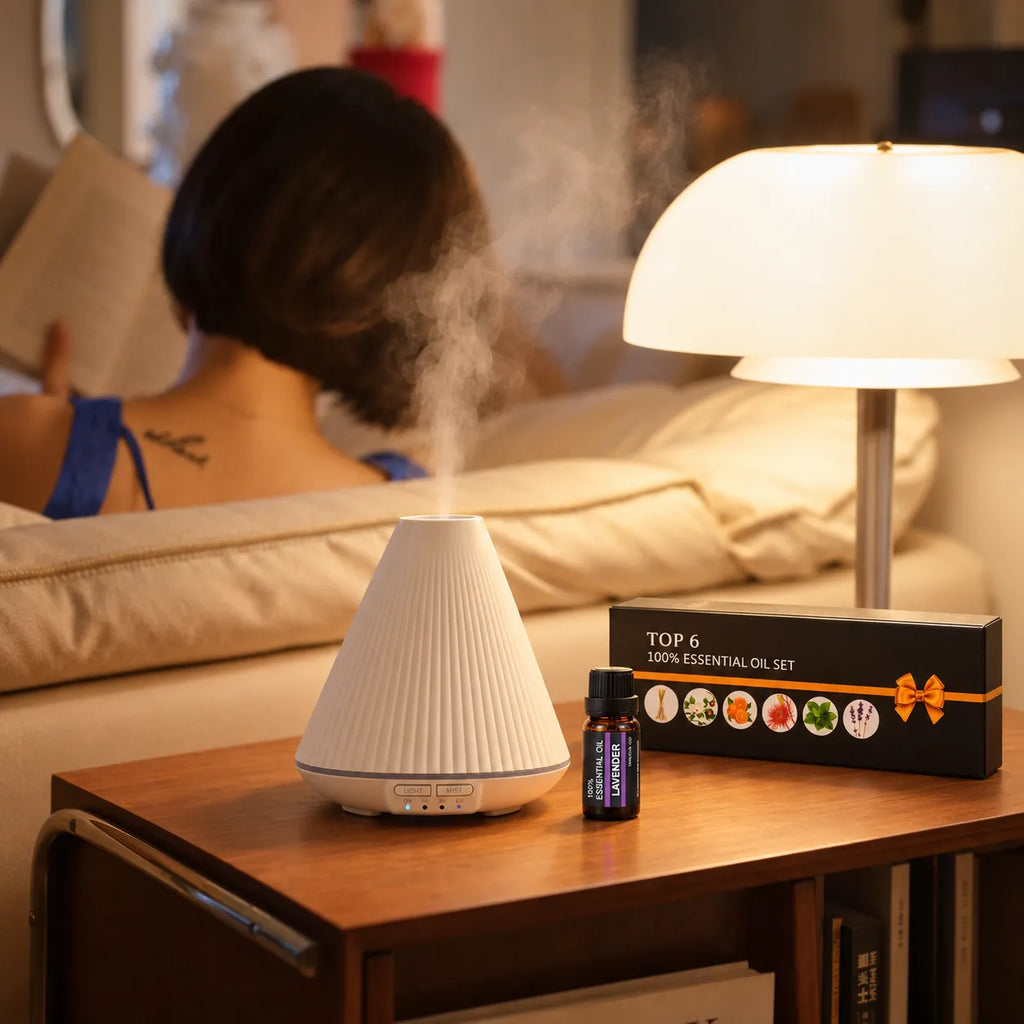 Aromatherapy Oil diffuser and lavender oil set in a cozy home setting