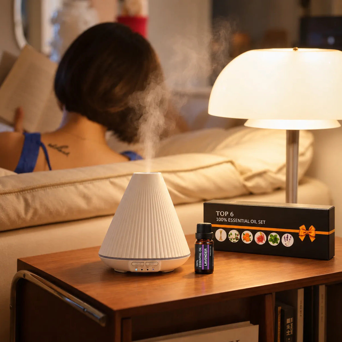 Aromatherapy Oil diffuser and lavender oil set in a cozy home setting