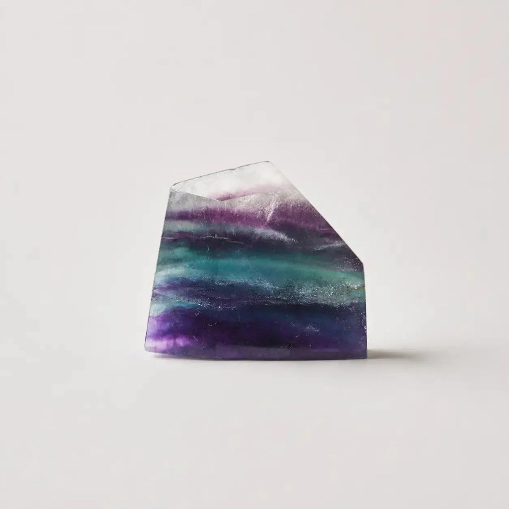 LumaStone Rainbow Fluorite polished crystal polyhedron hanging ornament, natural stone decor.