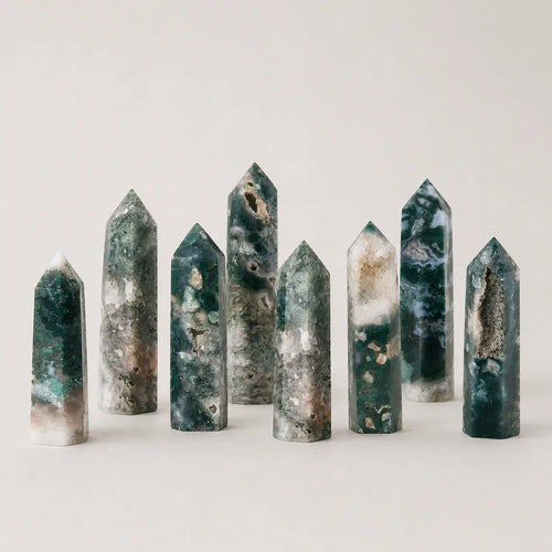 LumaStone green water grass agate crystal column, a decorative home decor object with unique natural patterns.