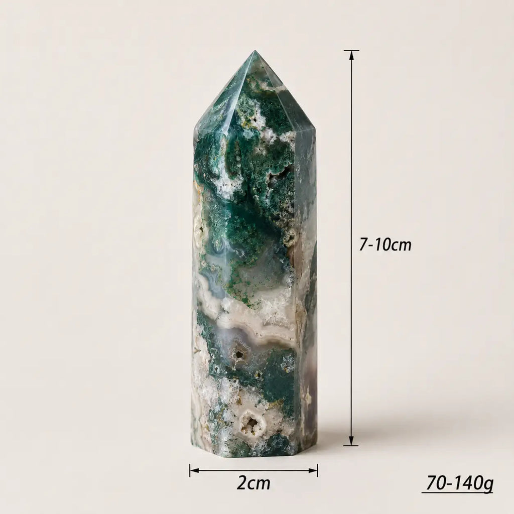 LumaStone green water grass agate crystal column with natural patterns, a perfect decorative object for home decor.