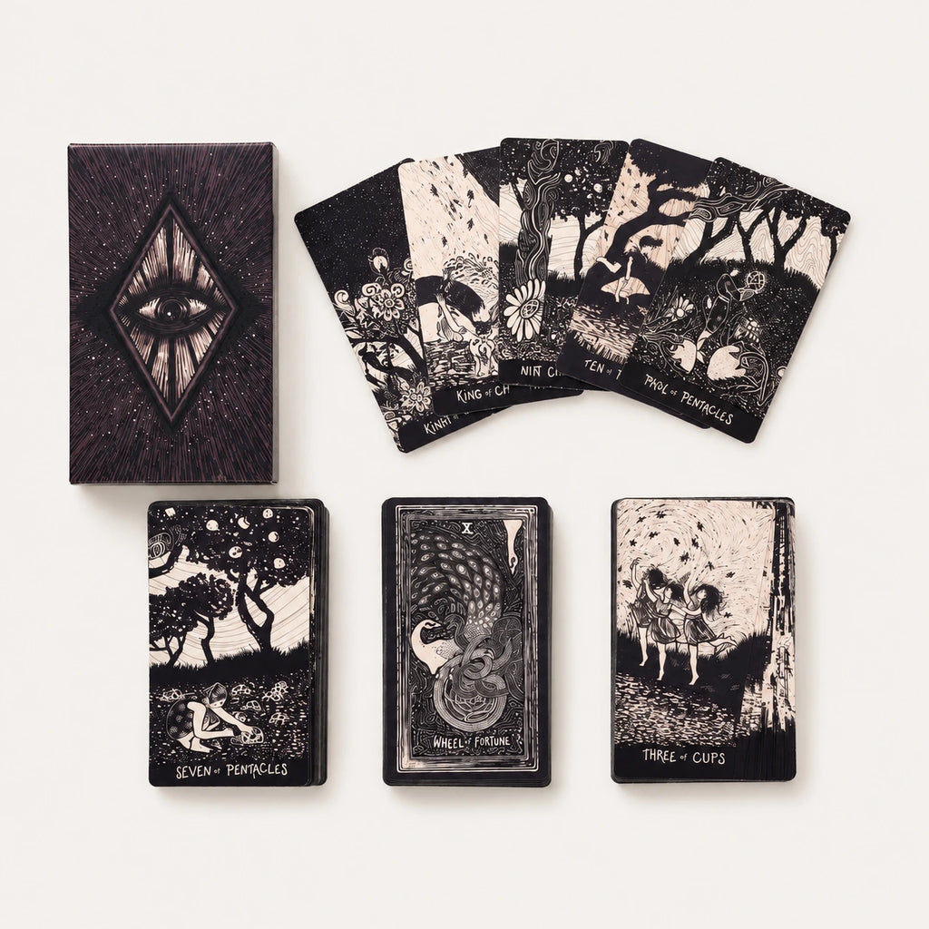 Moonveil Flare tarot cards, a 78-card English tarot deck, for divination and family card reading.