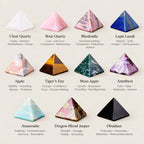Nine polished pyramid crystal ornament styles arranged on a warm ivory background