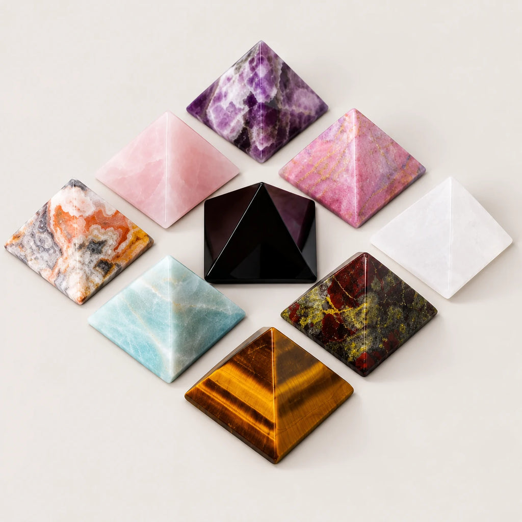 Nine polished pyramid crystal ornament styles arranged on a warm ivory background