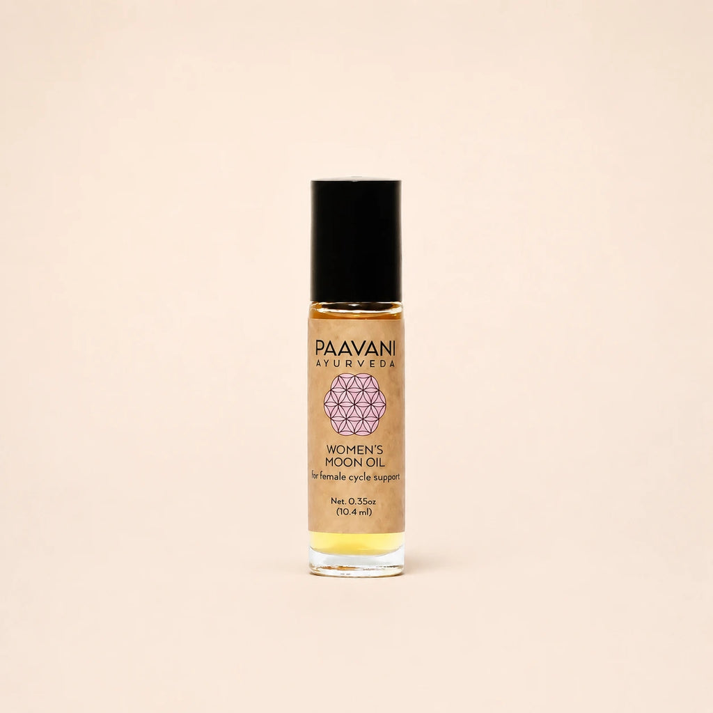 Paavani Ayurveda Women's Moon Oil 10ml glass rollerball bottle front view