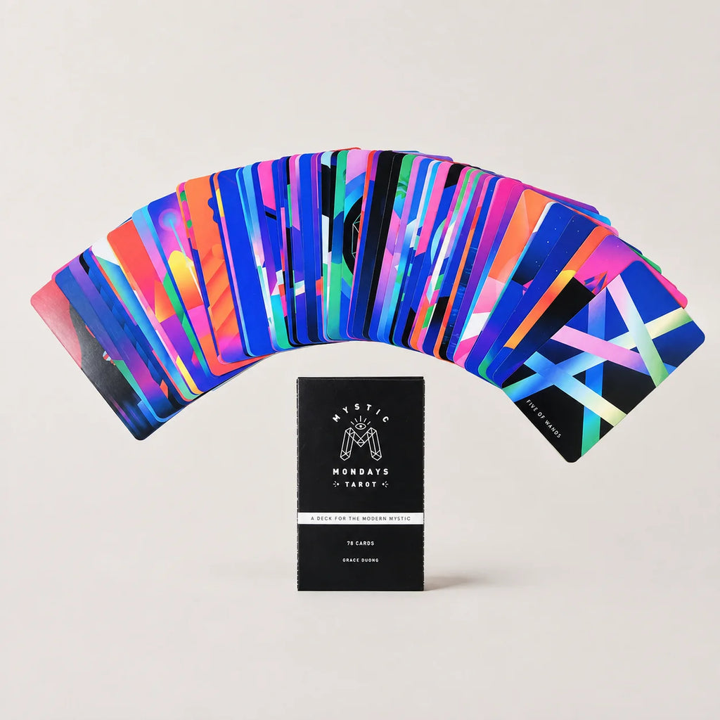 Moonveil Mystic Mondays tarot deck, featuring a colorful 78-card set made from coated paper for divination.