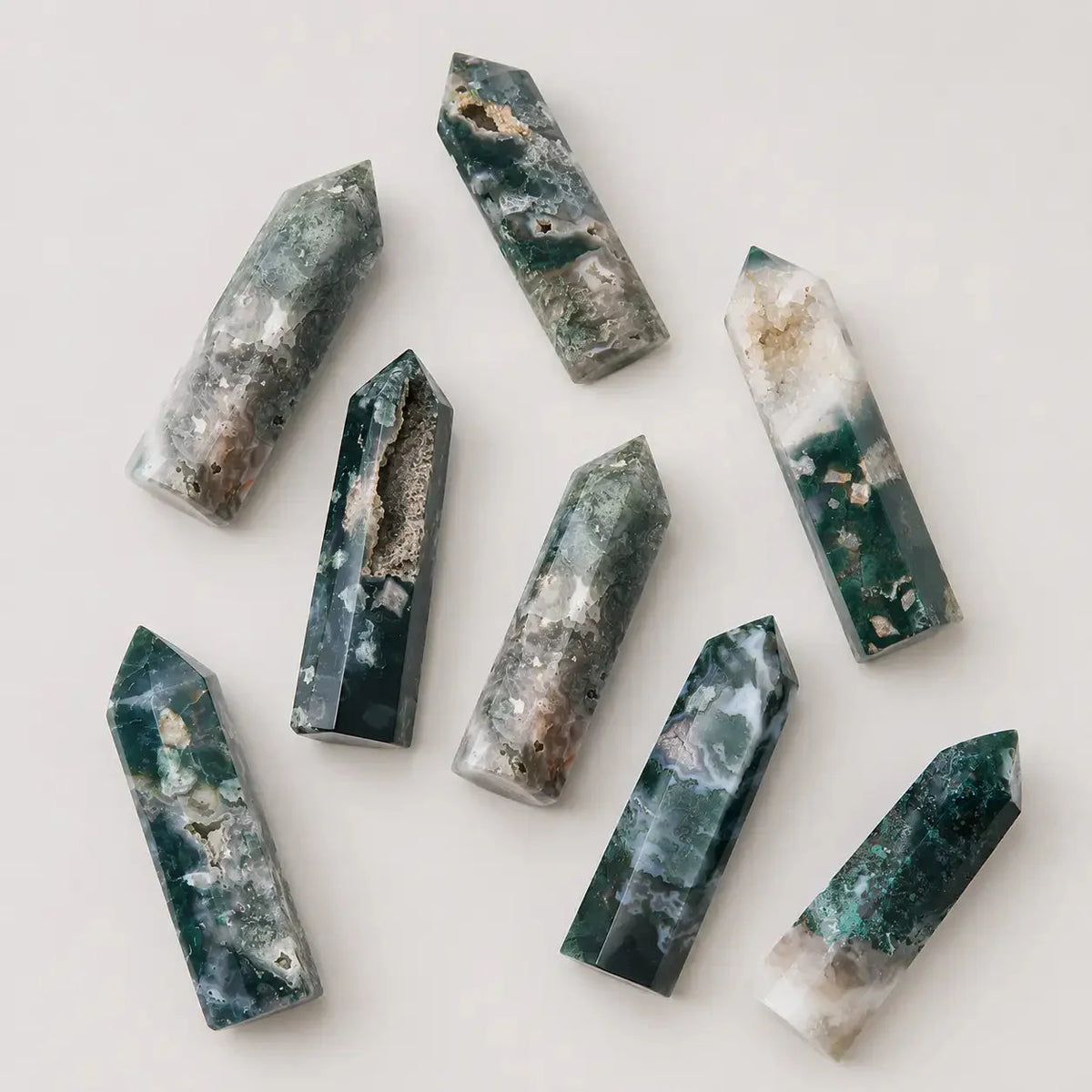 LumaStone polished green agate crystal column for elegant home and office decor; a decorative ornament.