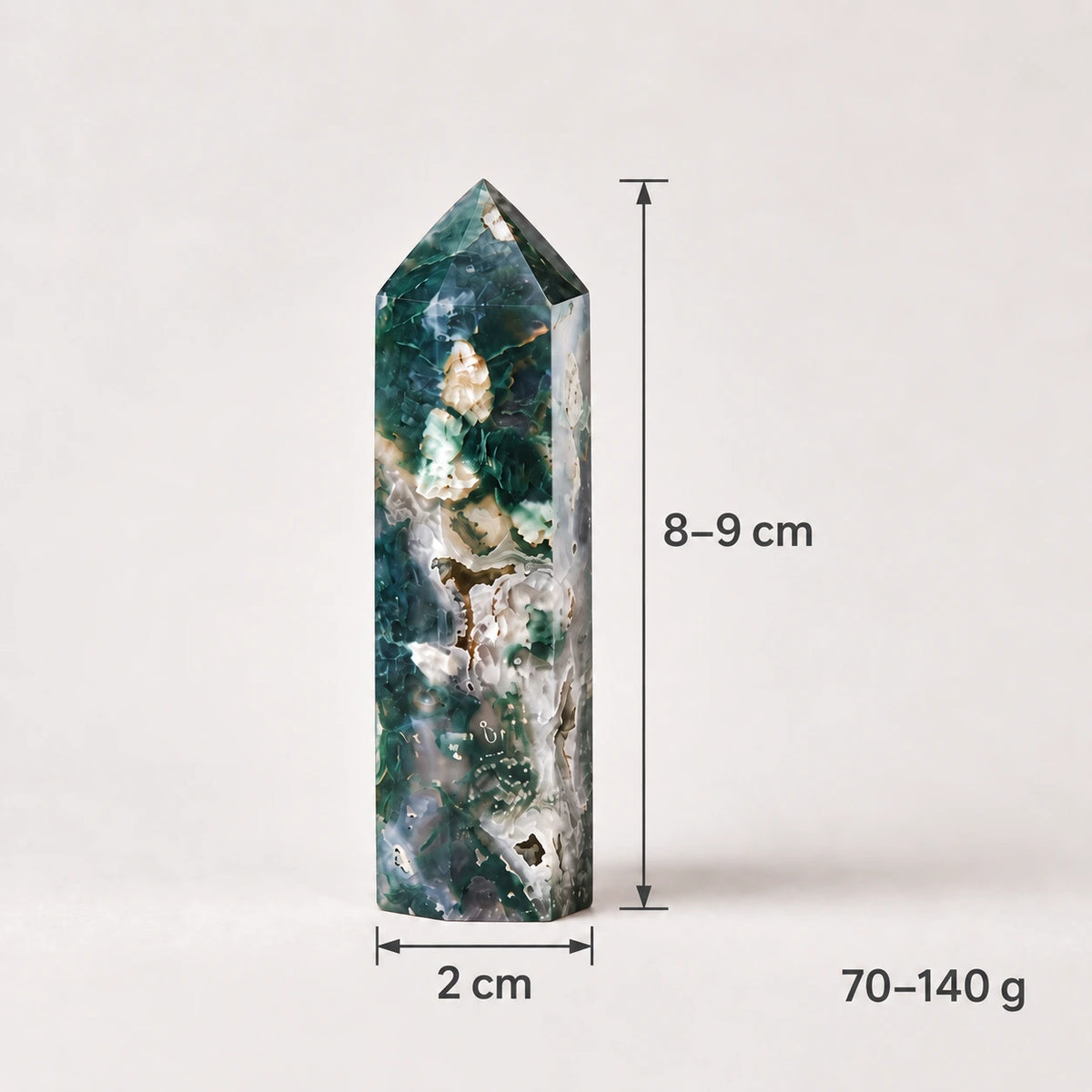LumaStone polished green agate crystal column for decorative crystal ornament.