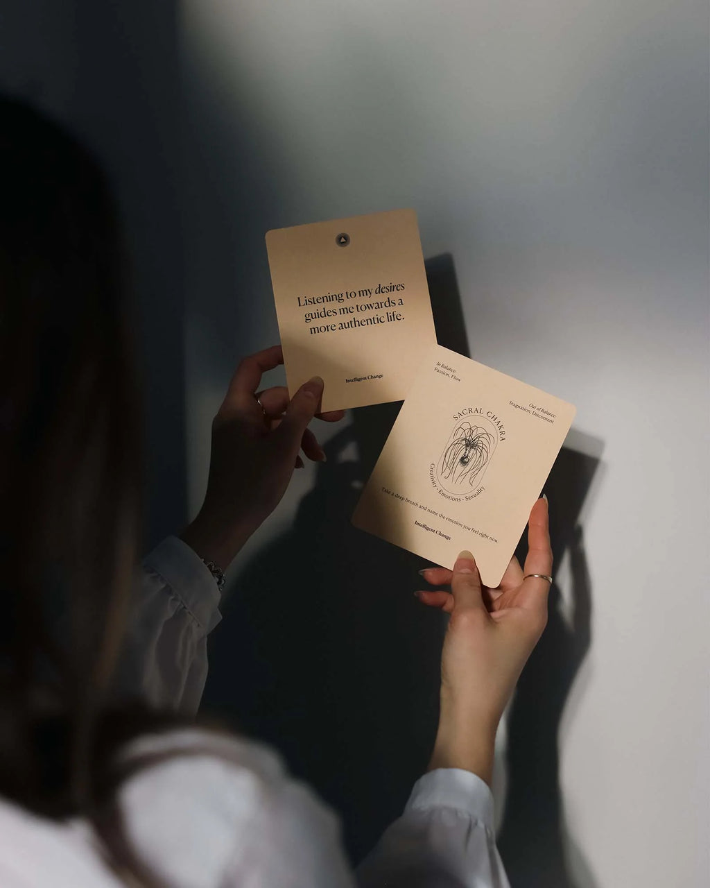 Chakra affirmation cards during a meditation practice