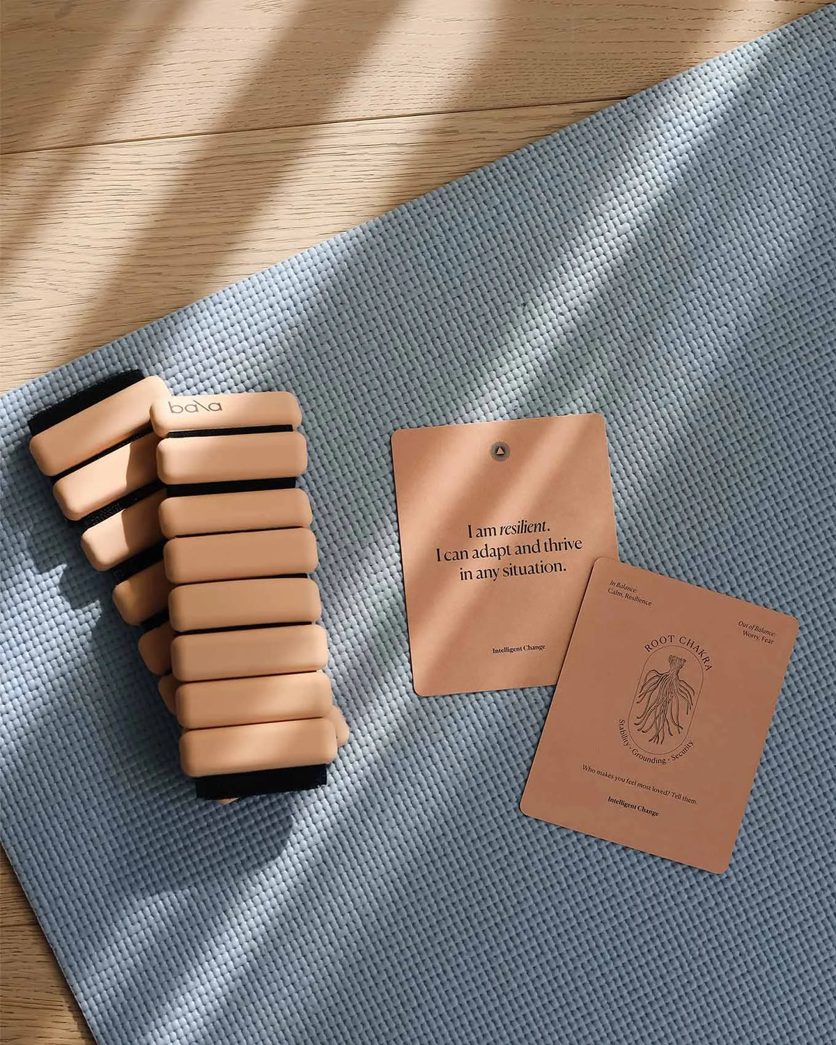 Chakra affirmation cards during a yoga and fitness practice