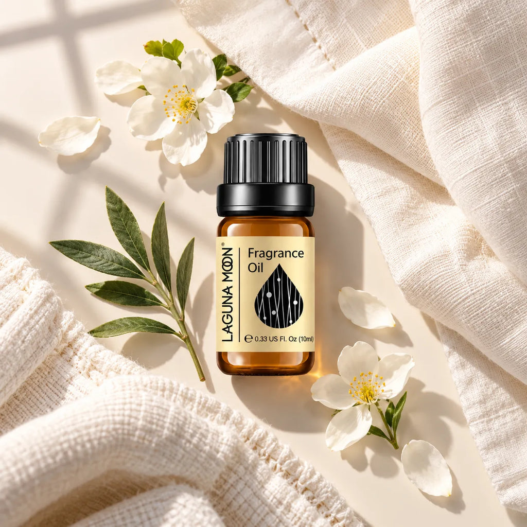 StillAura Lagunamoon 10 ml fragrance oil, a small amber glass bottle with a white dropper cap, for home fragrance dev...