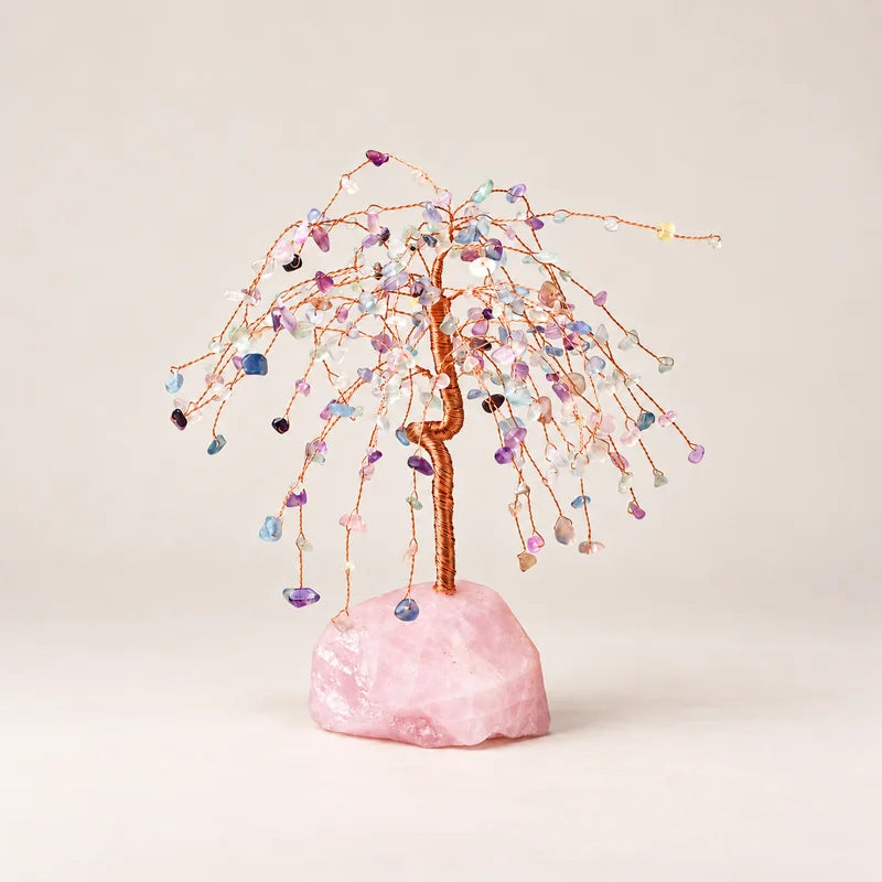 LumaStone crystal tree decor with pink crystal base - Colorful fluorite