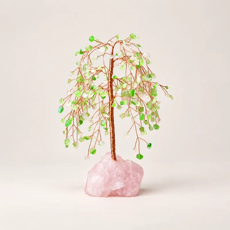 LumaStone crystal tree decor with pink crystal base - Green Agate