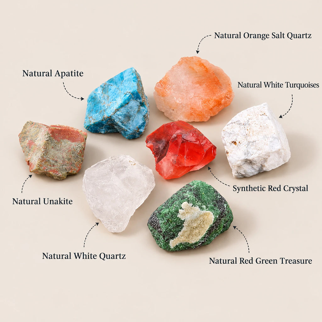 Crystal rough diffuser stone options: orange salt quartz, apatite, white turquoise, unakite, synthetic red crystal, red green treasure, and white quartz.