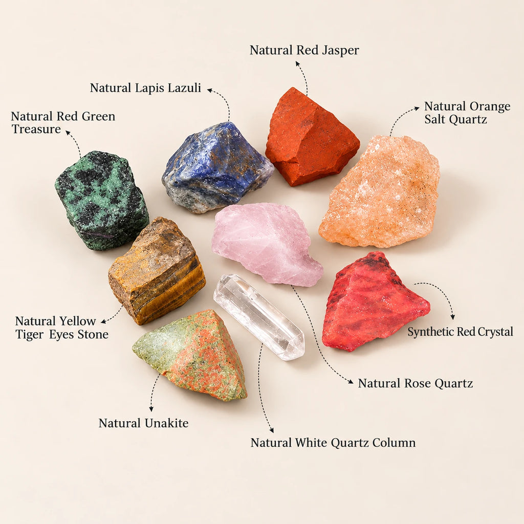 Crystal rough diffuser stone options: red jasper, lapis lazuli, orange salt quartz, synthetic red crystal, rose quartz, white quartz column, unakite, yellow tiger eye, and red green treasure.