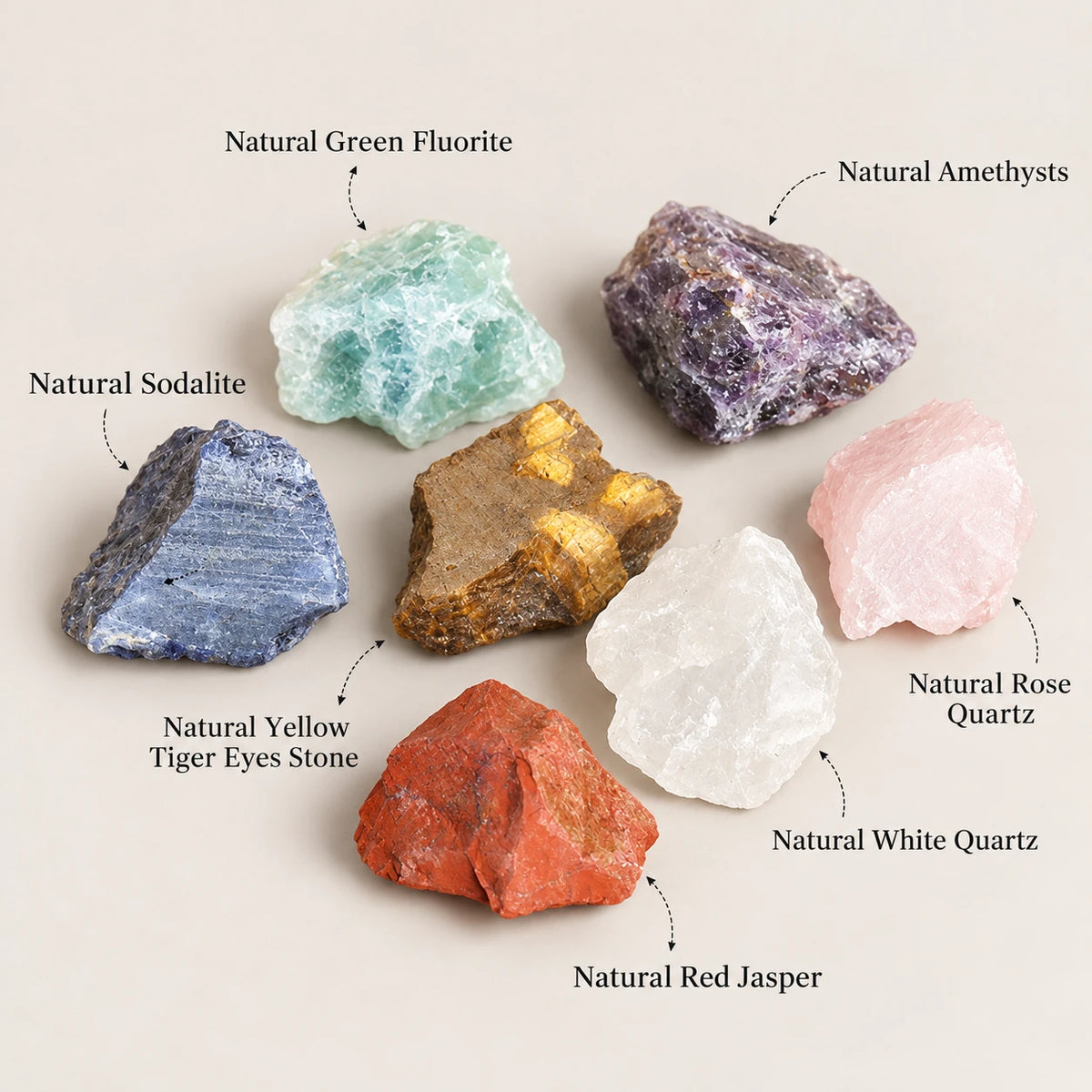 Crystal rough diffuser stone options: green fluorite, amethyst, sodalite, yellow tiger eye, white quartz, rose quartz, and red jasper.