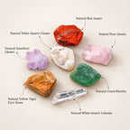 Crystal rough diffuser stone options: red jasper, white quartz cluster, rose quartz, amethyst, green fluorite, tiger eye, and quartz column.