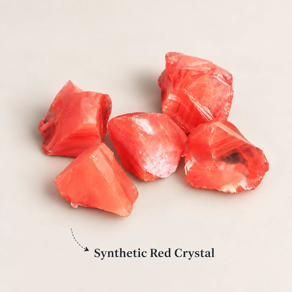 Synthetic red crystal rough diffuser stones.