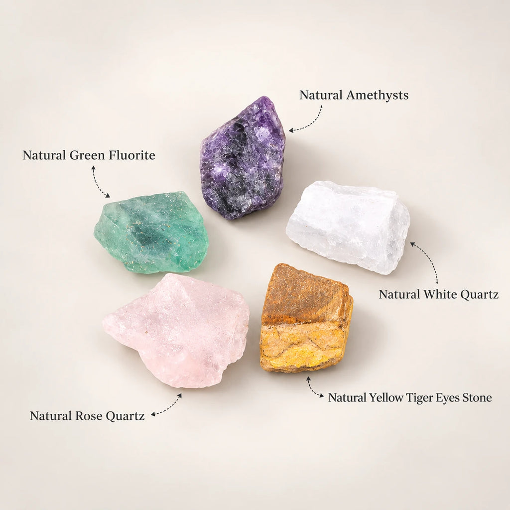 Crystal rough diffuser stone options: green fluorite, amethyst, white quartz, yellow tiger eye, and rose quartz.