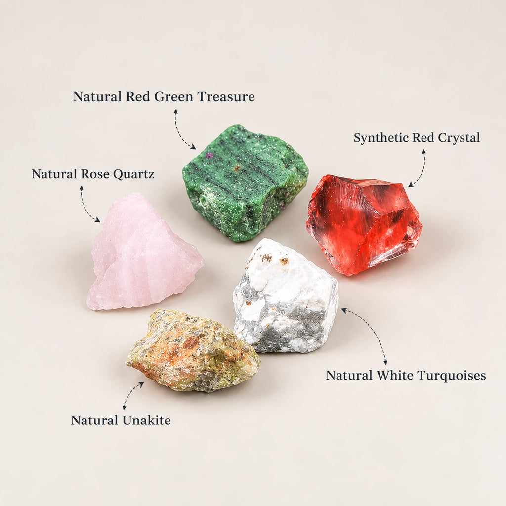 Crystal rough diffuser stone options: red green treasure, synthetic red crystal, rose quartz, white turquoise, and unakite.
