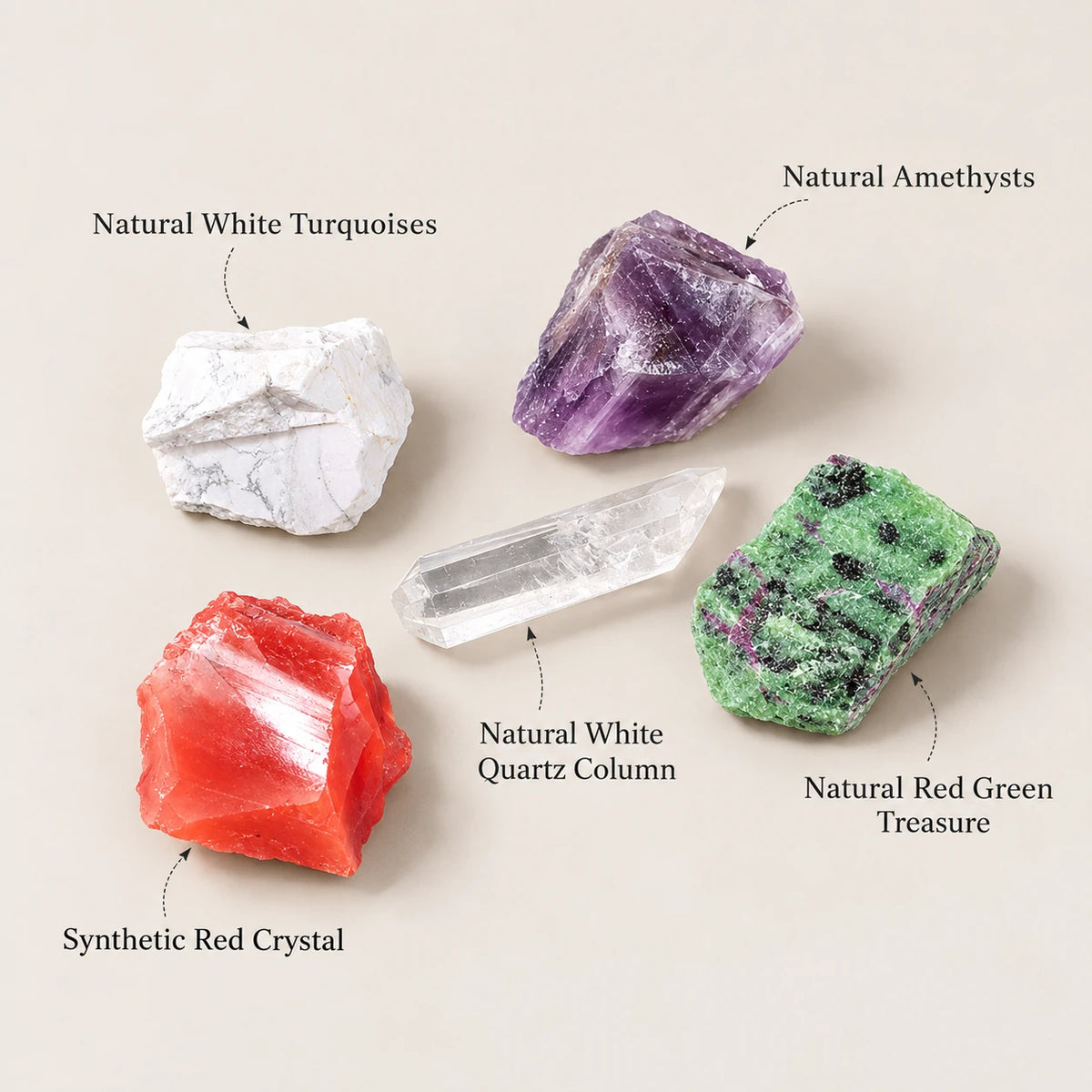 Crystal rough diffuser stone options: white turquoise, amethyst, red green treasure, white quartz column, and synthetic red crystal.