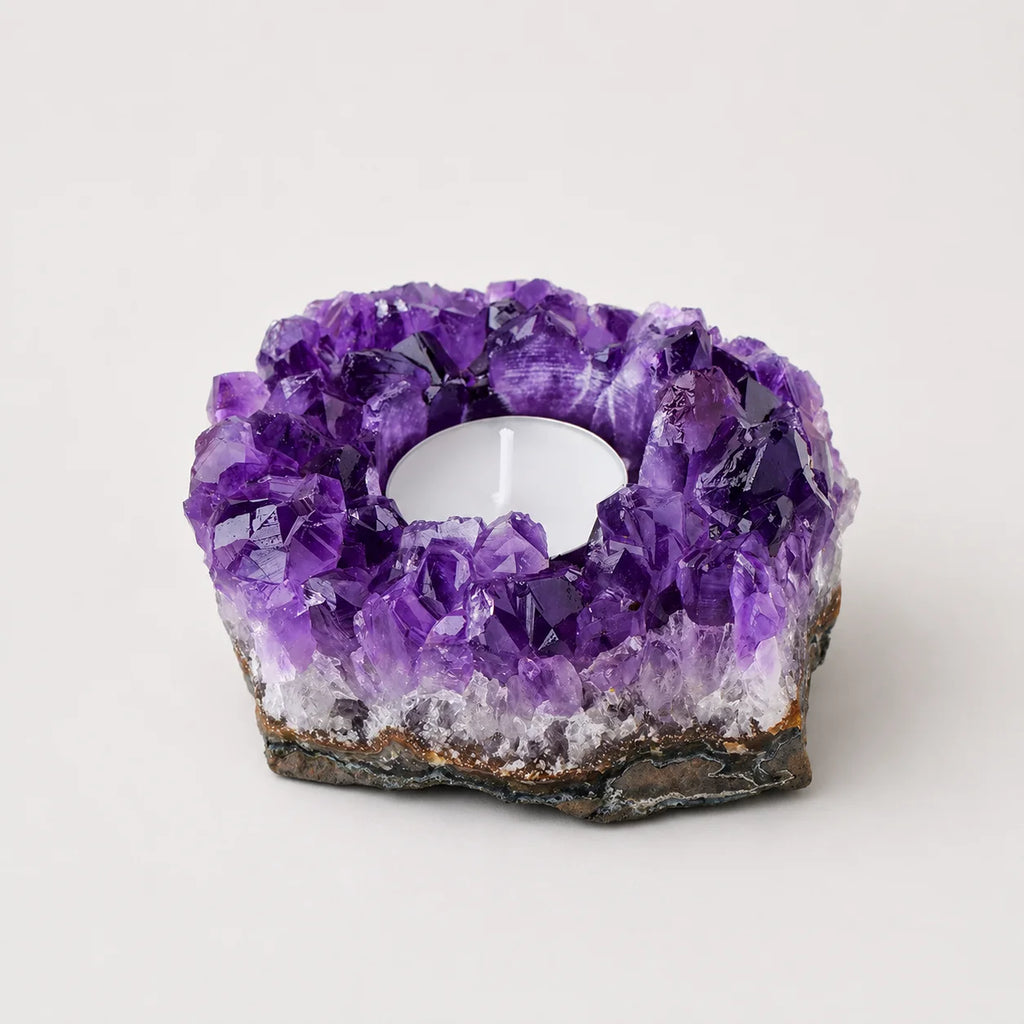 LumaStone natural amethyst candle holder, a beautiful purple crystal cluster decor, displayed as a decorative ornament.